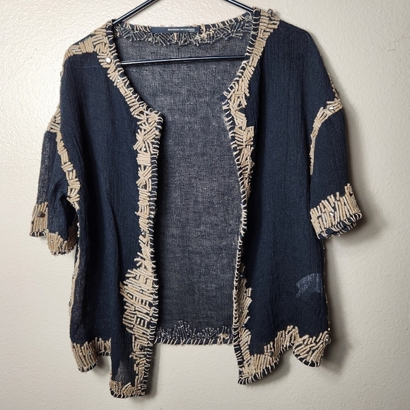 Maurizio Pecoraro Black Linen Blend Jute Jewel Detail Open Cardigan-Size 8 - Picture 1 of 11